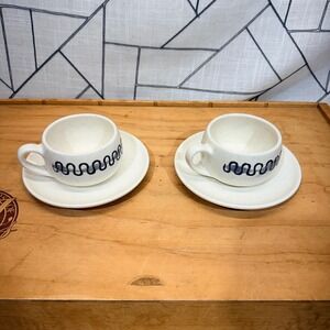 Vintage Poppytrail by Metlox Blue Wavy Squiggle Cup and Saucer Set of 2 CHIPPED